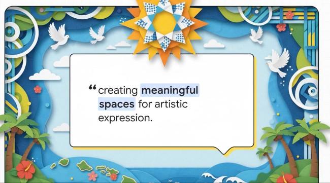 Decorative illustrated graphic with tropical Hawaiian motifs—palm trees, ocean waves, clouds, and white doves—surrounding a speech-bubble-style text box that reads, “creating meaningful spaces for artistic expression.” A stylized sun and geometric patterns appear at the top, with layered paper-cut textures throughout the design.